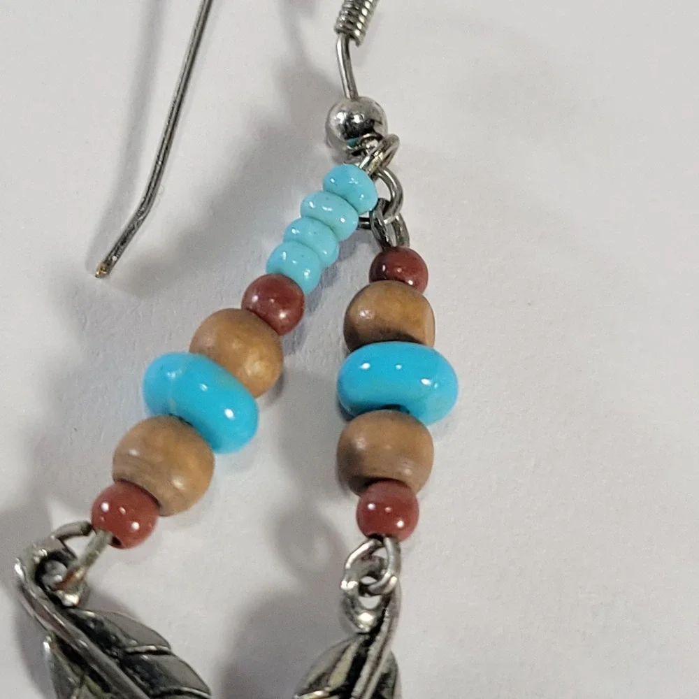 Southwestern Dangle Earrings Turquoise Brown Wood Bead Silver Leaf Boho Jewlery